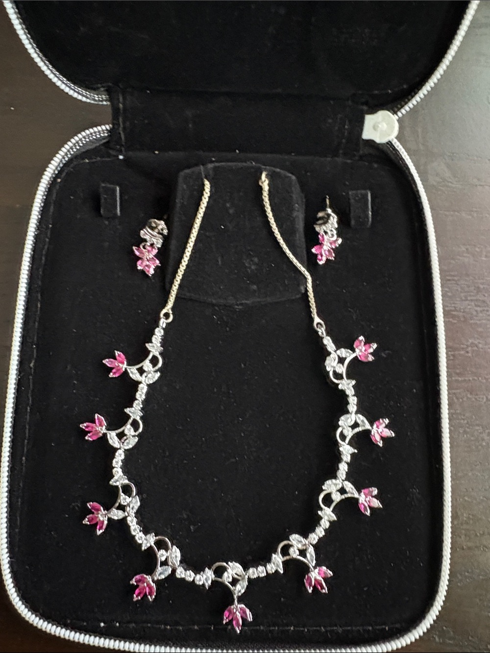 Vintage, Auction Silver-Tone Necklace and Earring Set with Pink Flower Accents